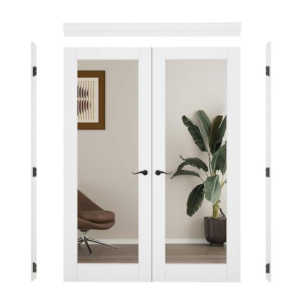 64 in. x 96 in. 1-Lite Mirrored Glass Universal Primed Solid Core Glass Double Prehung French Door+ Quick Assemble Jamb