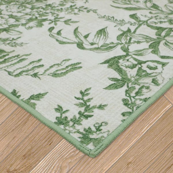 Bedford Floral Chenille Sage Ivory 2 ft. x 6 ft. Polyester Runner Rug