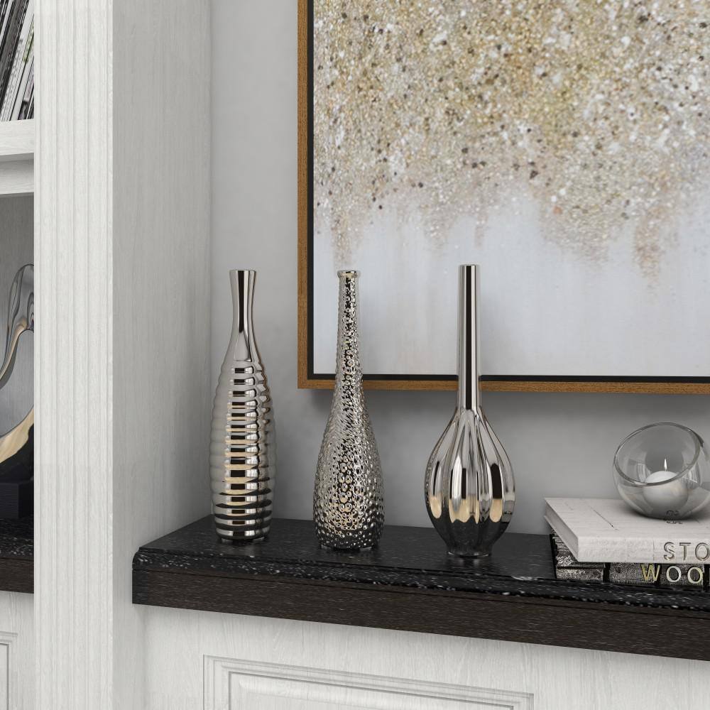 Elegant Trio Silver Ceramic Vase Set with Textured Finish