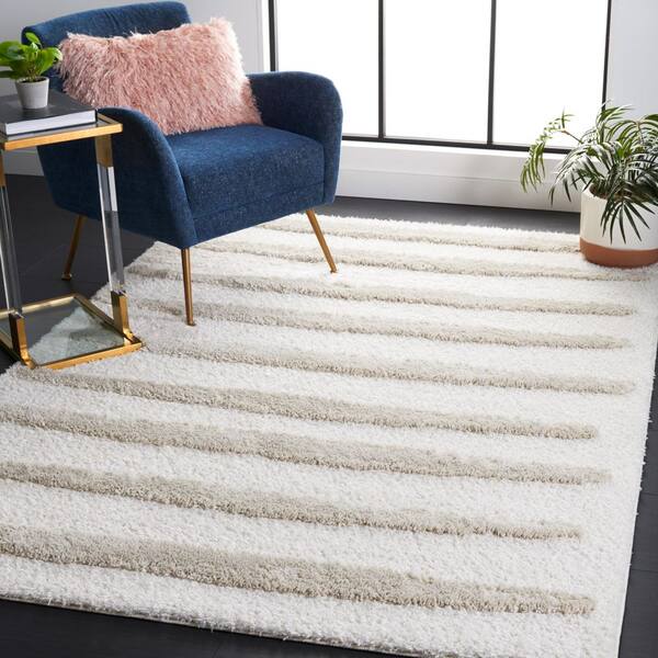 Hi-Lo Shag Beige 7 ft. x 7 ft. Striped Square Area Rug