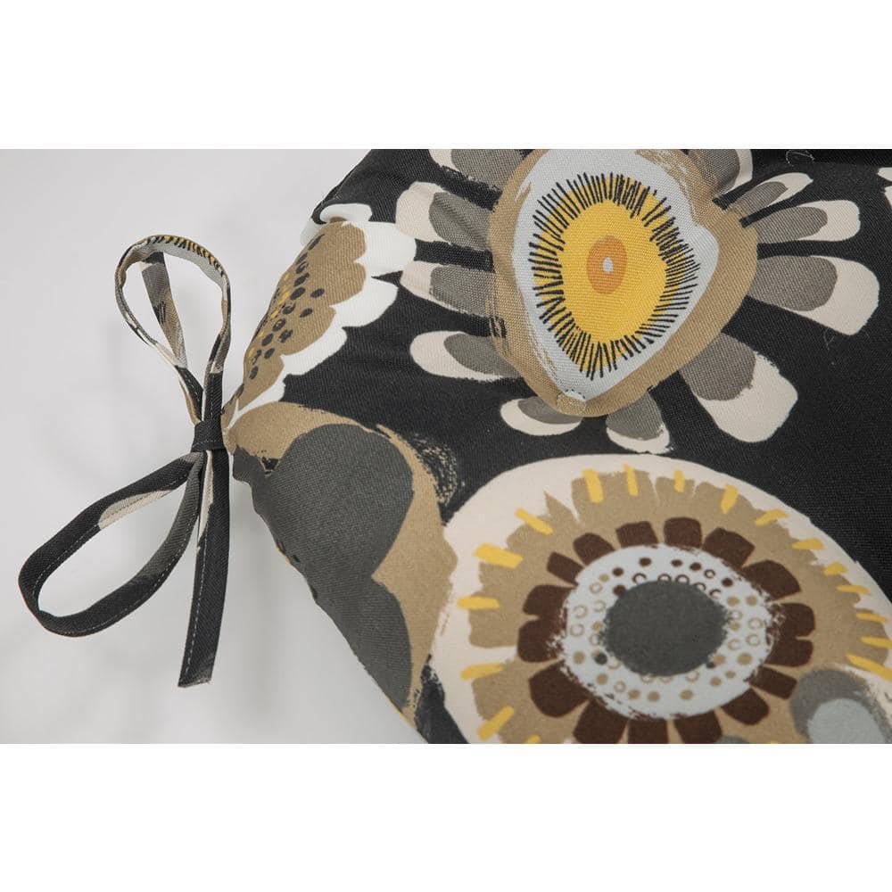 Black and Yellow Floral Tufted Chair Pads with Ties, Set of 2