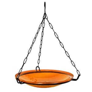 14 in. Dia Mandarin Orange Reflective Crackle Glass Hanging Birdbath Bowl
