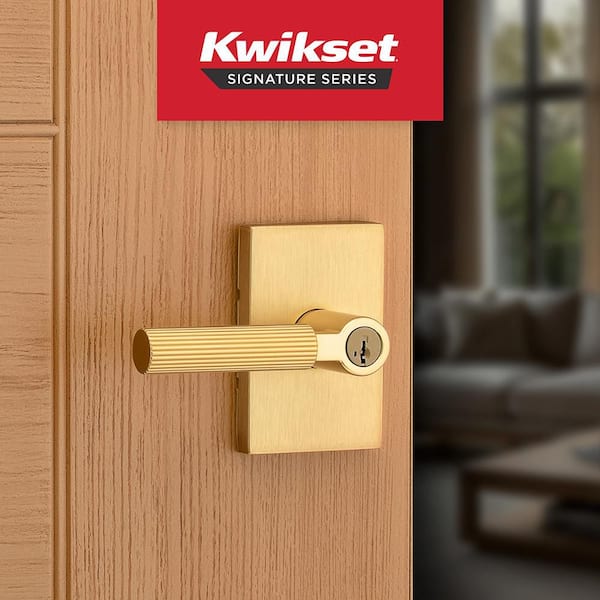 Mirada Satin Brass Rectangle Keyed Entry Door Handle Featuring SmartKey Security