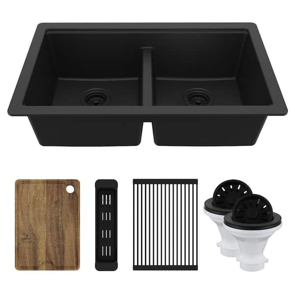 32-3/8 in. Undermount 50/50 Double Bowl Quartz Workstation Kitchen Sink in Black