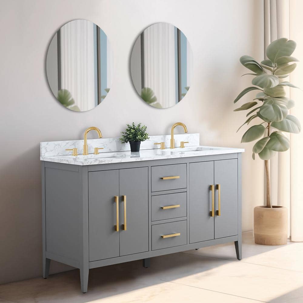60" Cashmere Gray Double Sink Vanity with Gold Hardware and Marble Top