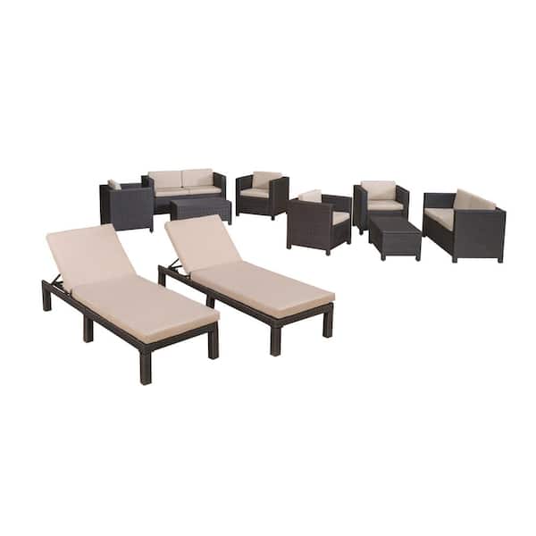 Noble House Puerta Dark Brown 10-Piece Faux Rattan Outdoor Sectional Set with Beige Cushions