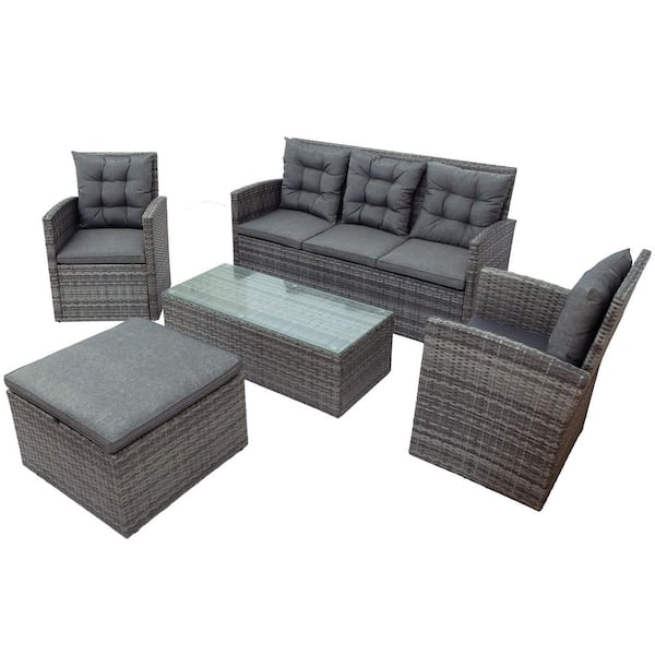 TIRAMISUBEST 5-Piece Wicker Patio Conversation Sofa Set with Storage Bench and Gray Cushions