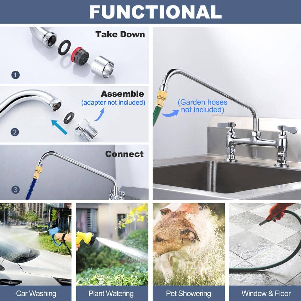 14" Chrome Double Handle Deck Mounted Kitchen Faucet with Swivel Spout