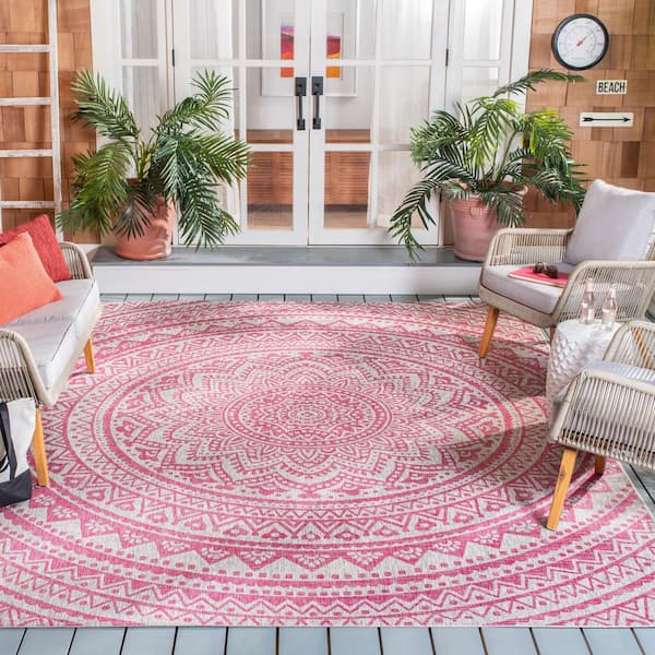 Courtyard Light Gray/Fuchsia 7 ft. x 7 ft. Medallion Indoor/Outdoor Square Area Rug