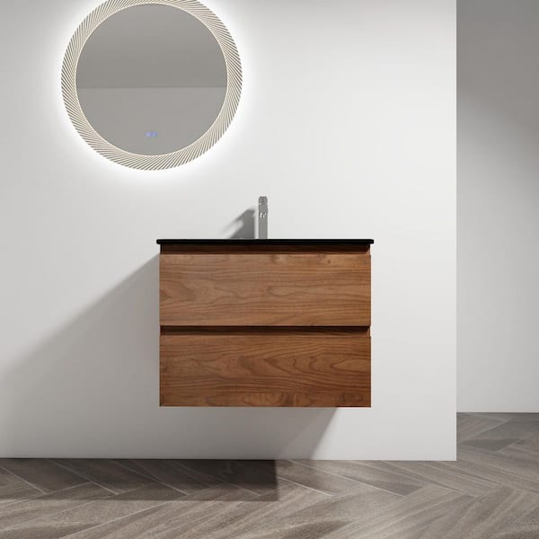 Boosicavelly 30 in. W x 18 in. D x 21 in. H Single Sink Wall-Mounted Bath Vanity in Brown Oak with Black Ceramic Top