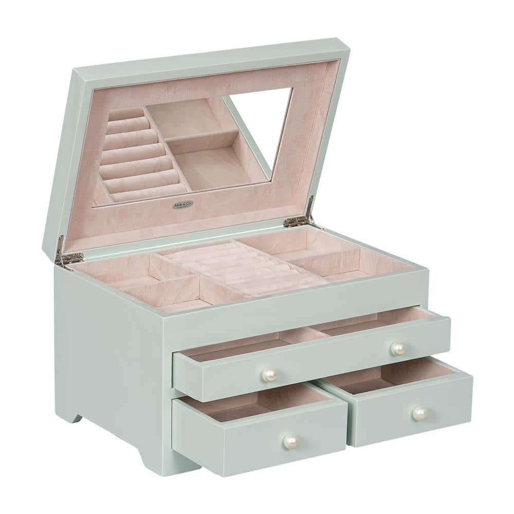 Seafoam Green Wooden Jewelry Box with Pearl Knobs