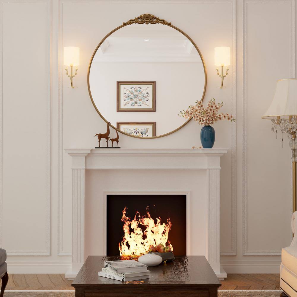 36" Round Gold Metal Frame Baroque Wall Mirror