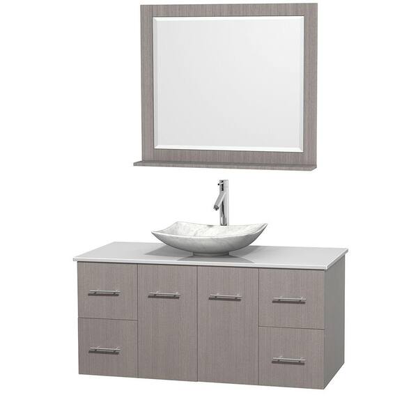 Wyndham Collection Centra 48 in. Vanity in Gray Oak with Solid-Surface Vanity Top in White, Carrara Marble Sink and 36 in. Mirror