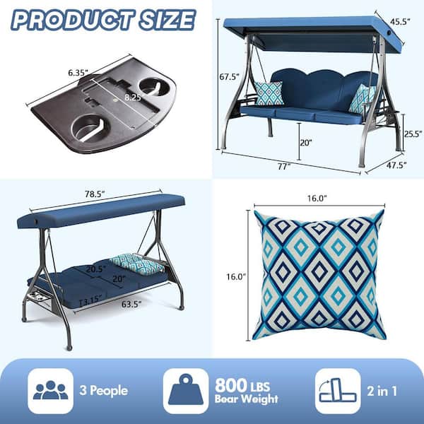 APPLE HOUSE タンス ZZW 3-Seat Metal Patio Swing with Adjustable Backrest Canopy Blue