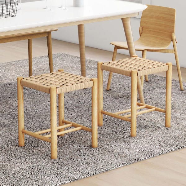 Natural Dining Stool 18 in. Backless with Rubber Wood Frame Woven Paper Seat Kitchen Set of 2