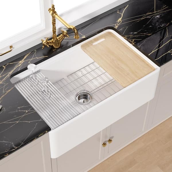 Unbranded Fireclay Workstation Kitchen Sink 33 in. White Farmhouse Sink Single Bowl Farmhouse/Apron-Front Sink with Cutting Board
