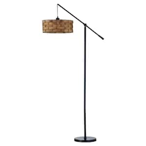 Chicago 73 in. Black Farmhouse 1-Light Up-Down Swing Arm Floor Lamp with Brown Wood Drum Shade