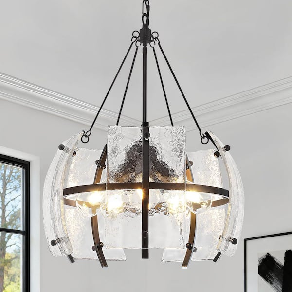 5-Light Black Drum Chandelier, Elegant Hanging Lighting With Handcrafted Textured Glass For Dining Room, Foyer & Bedroom