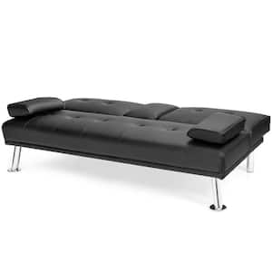 66 in. Black PU Leather Convertible Twin Sleeper Sofa Bed with 2-Cup Holders