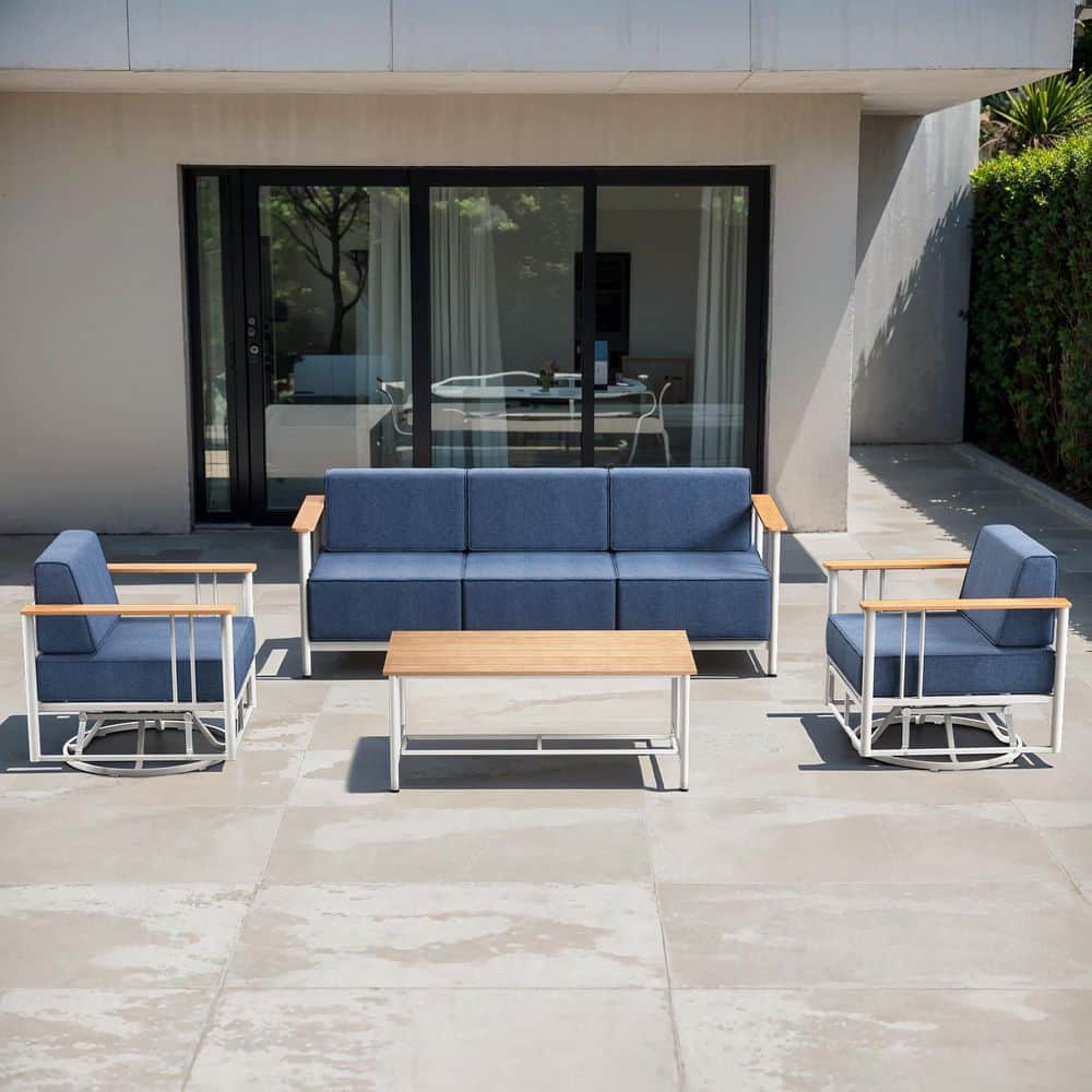 Puffin 4-Piece White Metal Patio Conversation Set with Sofa, Gliders, and 10 in. Thick Navy Blue Olefin Cushions price history on PriceWatchPro