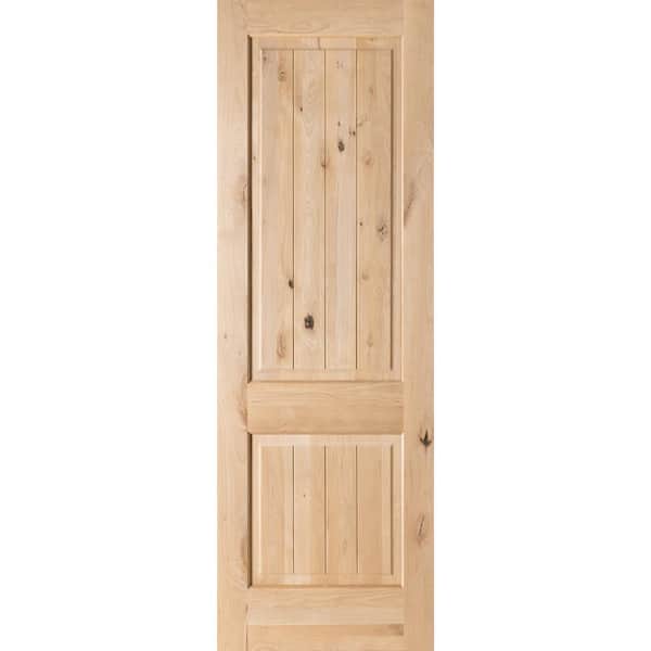 Krosswood Doors 32 in. x 96 in. Knotty Alder 2 Panel Square Top with V-Groove Solid Wood Core Interior Door Slab