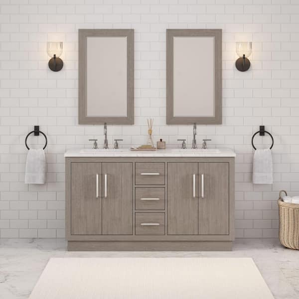 Hugo 60 in. W x 22 in. D Bath Vanity in Grey Oak with Marble Vanity Top in White with White Basin