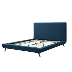 Alaric Denim Queen Size Platform Bed Upholstered Linen