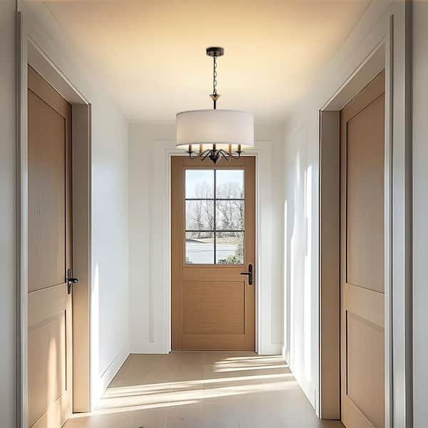 19.7 in. 5-Light Black Modern Drum Chandelier E12 Base Pendant Light with White Fabric Shade for Dining Room Kitchen