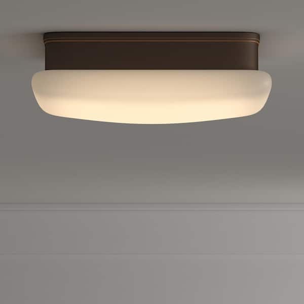 Hampton Bay 11 in. 120-Watt Equivalent Oil-Rubbed Bronze Square Integrated LED Flush Mount with White Glass Shade