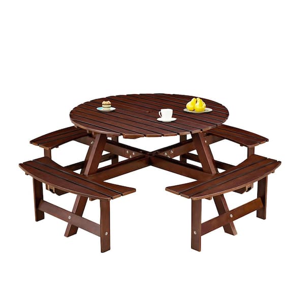 Outdoor 70.08 in. Round Pine Wood Picnic Tables Seats 8 People with Umbrella Hole and 4 Built-in Benches, Brown Wood