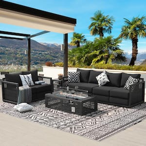 Modern Rearrangeable 5-Piece Charcoal Wicker Patio Frie Pit Deep Seating Sofa Set with Ultra Thick Grey Cushions