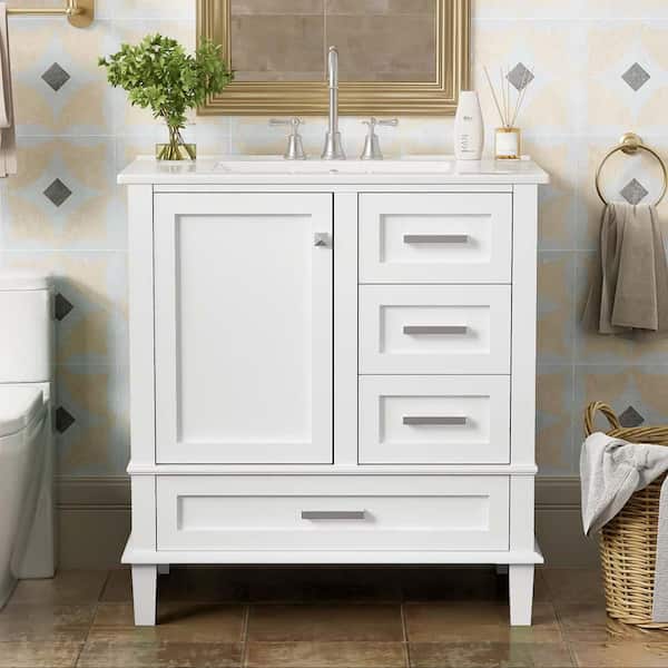 30 in. White Bath Vanity with Ceramic Top Sink Combination Set Soft Close Door, 3 Soft Close Drawers and Removable Tray
