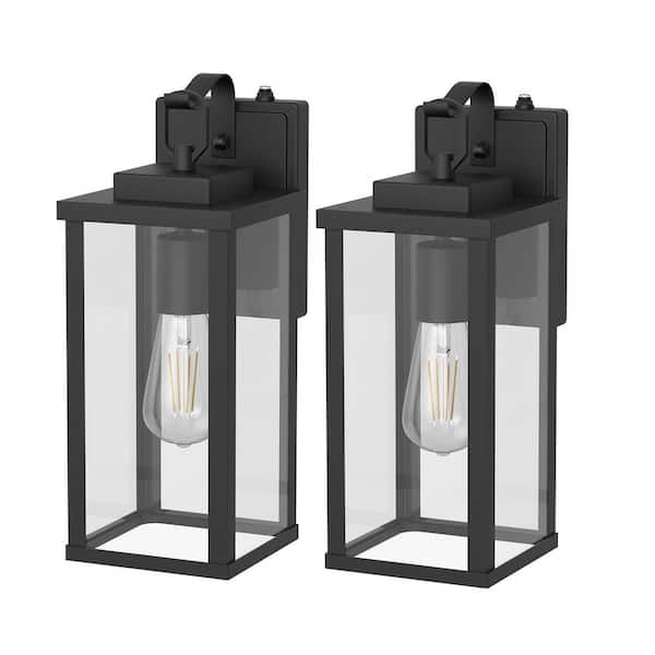 2-Pack 14 in. Black Clear Glass Rectangular Outdoor Wall Lantern, Dusk to Dawn Sensor, E26 Socket