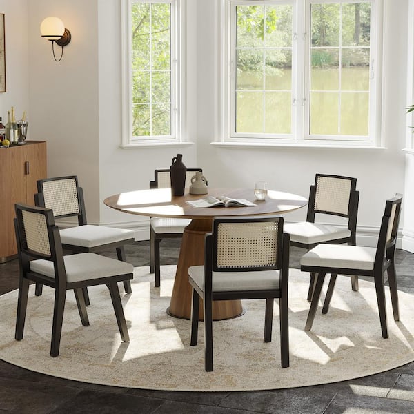 Augus Black 19 in. W Modern Reversible Woven Rattan Backrest Dining Chair with Solid Wood Legs Set of-6