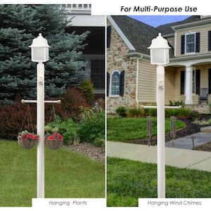 7 ft. White Outdoor Lamp Post, Traditional Direct Burial Light Pole with Cross Arm and Grounded Convenience Outlet