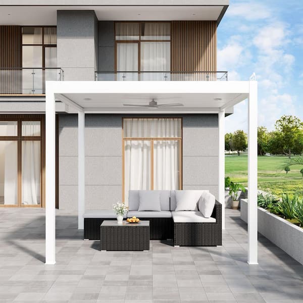 10 ft. x 12 ft. Ivory Aluminum Patio Pergola with Built-In Solar Panel, Ceiling Fan and Round LED Light