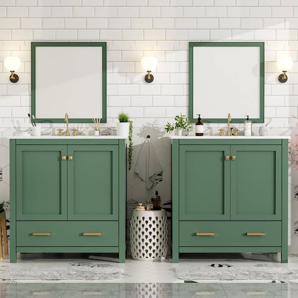 FAMYYT 36 in. Single Sink Freestanding Green Solid Wood Framed