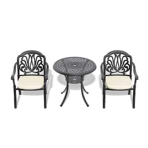 3-Piece Cast Aluminum Black Outdoor Dining Set with Random Colors Cushions for Patio, Balcony, Backyard