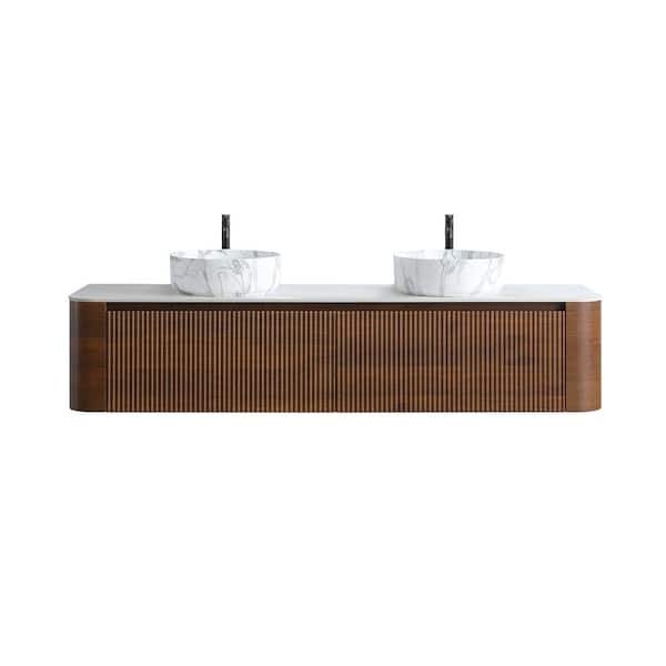 72" Walnut Bathroom Vanity Double Carrara White with Ceramic Sink,Wall-Mounted Cabinet&Towel Rack(No Faucet/Drain)