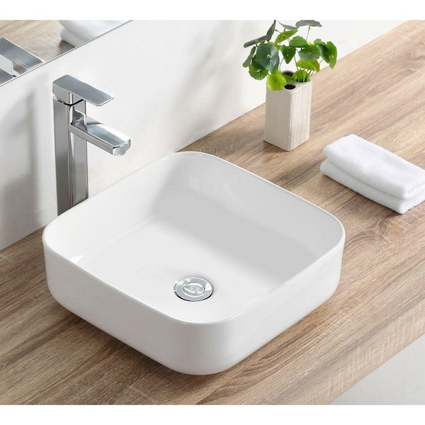 DEERVALLEY 15 in. Ace White Square Bathroom Ceramic Vessel Sink Art Basin in White, Faucet and Overflow Not Included