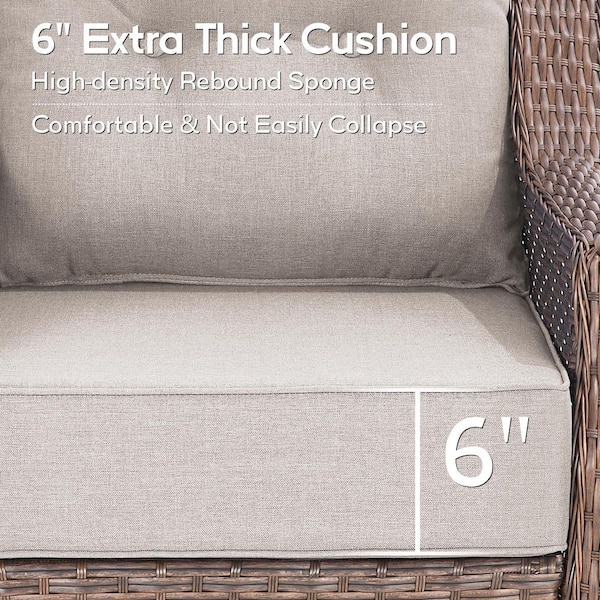 Circle 3-Seat Brown Wicker Outdoor Couch Patio Sofa with High Curvy Back, and 6 in. Thick Beige Cushions