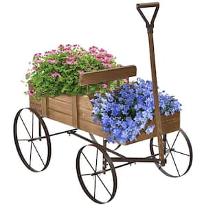 Wooden Wagon Plant Bed in Brown with Metal Wheels