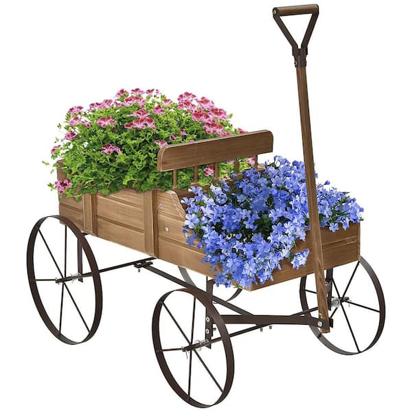 Alpulon Wooden Wagon Plant Bed in Brown with Metal Wheels
