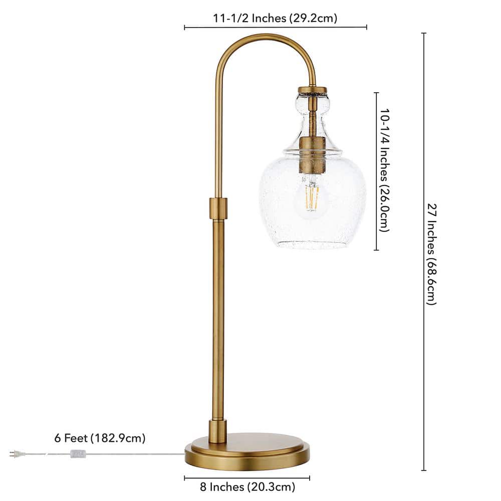Verona Brushed Brass Arc Table Lamp with Seeded Glass Shade