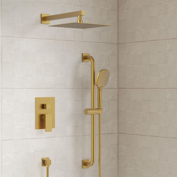 2-Spray Square High Pressure Adjustable Wall Bar Shower Kit with 3 Modes Hand Shower in Brushed Gold(Valve Included)