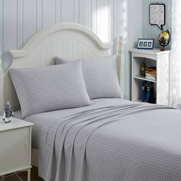 kute kids 4-Piece Checkered Gray Microfiber Queen Sheet Set