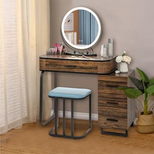Brown 4 drawer 31.5 in. Vanity Table Set with 3-Color Lighted Mirror and Charging Station Chest of Drawers