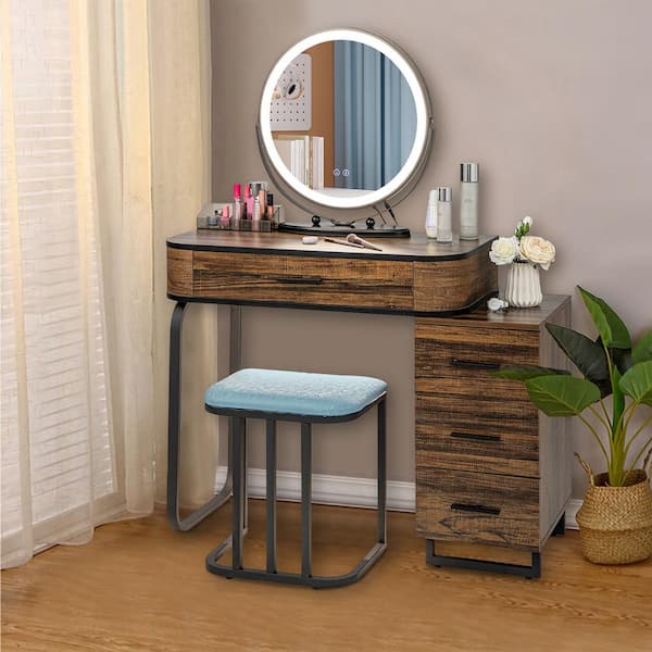 ANGELES HOME Brown 4 drawer 31.5 in. Vanity Table Set with 3-Color Lighted Mirror and Charging Station Chest of Drawers
