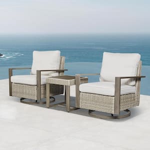 Mixed Beige 3 Piece Wicker Patio High-End Seat Set with Beige Cushion All Weather Swivel Rocking Chair