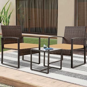 3-Piece Brown Rattan Wicker Patio Outdoor Bistro Set with 2 Chairs, 1 Tempered Glass Table and Brown Cushions